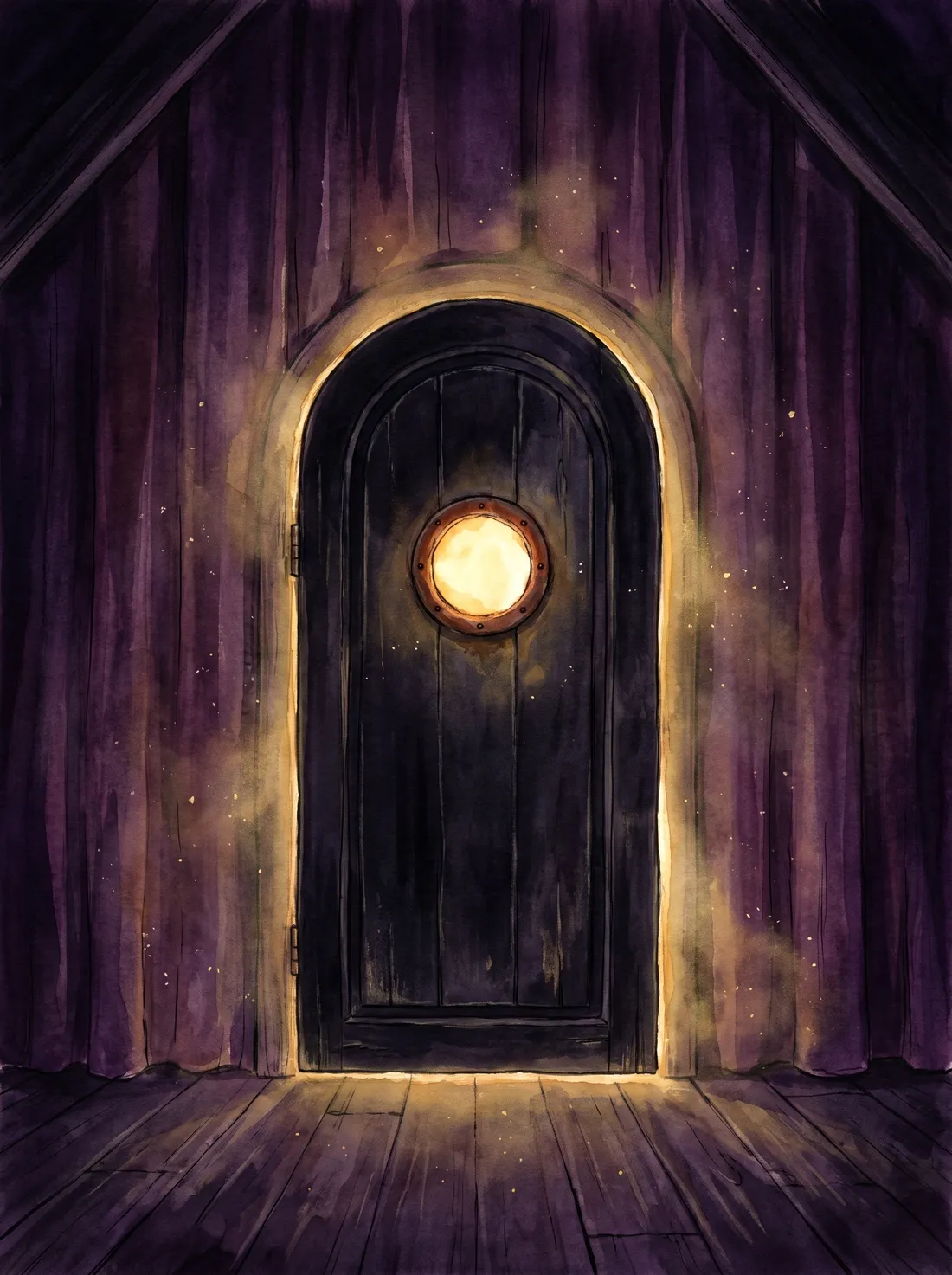 A small black door with no handle in the corner of a dark attic, warm golden light shining through its single round keyhole