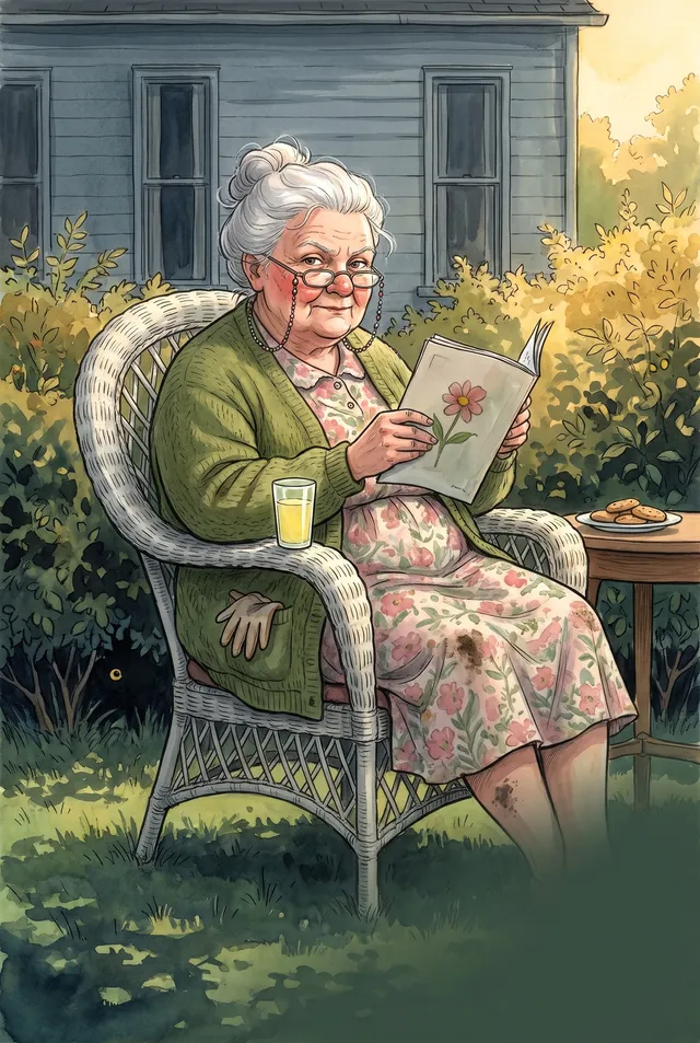 Great-Aunt Mildred, a silver-haired woman in a green cardigan, reading in a wicker chair in the garden with a glass of lemonade