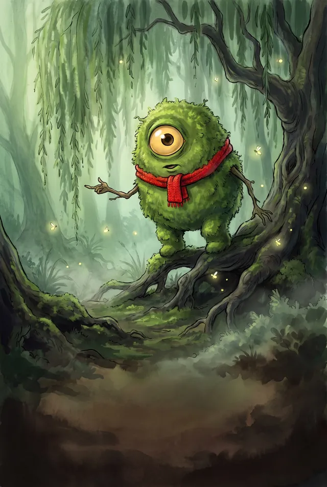 Murgle, a small round creature covered in green moss with one big yellow eye and a red knitted scarf, beneath a willow