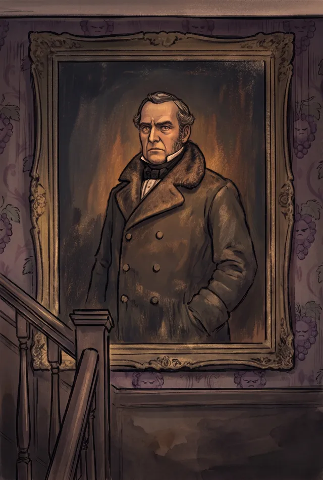 Uncle Silas, a stern gentleman in a dark coat inside a gilt-framed oil portrait on a stair landing